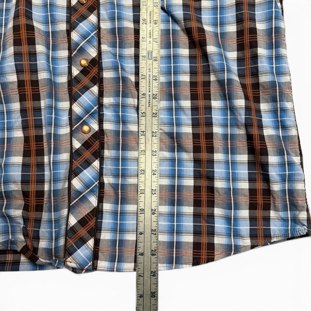 Panhandle Slim Large Shirt Western Texas Plaid Blue Brown Pearl Snaps 90 Proof - Picture 10 of 13